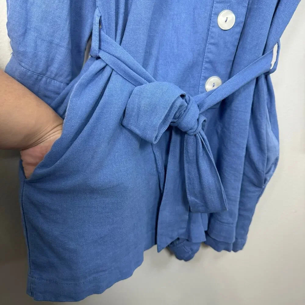 Zara Women's Blue Romper XS Linen V-Neck Jumpsuit Vacation Resort